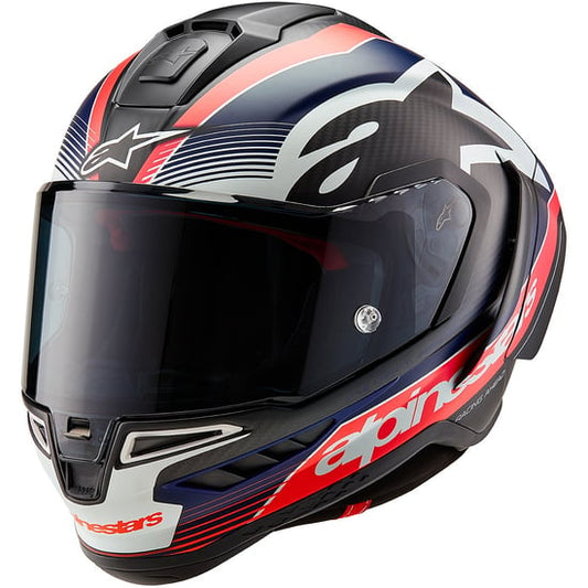 Casco Alpinestars Supertech R10 Team Black Carbon / Red Fluo / Dark Blue Matt